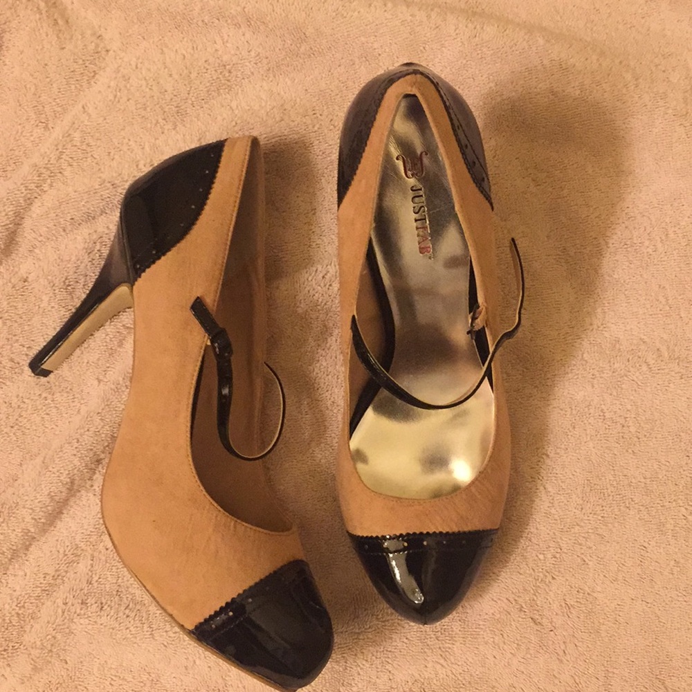 Suede & patent leather Mary Jane styled heels